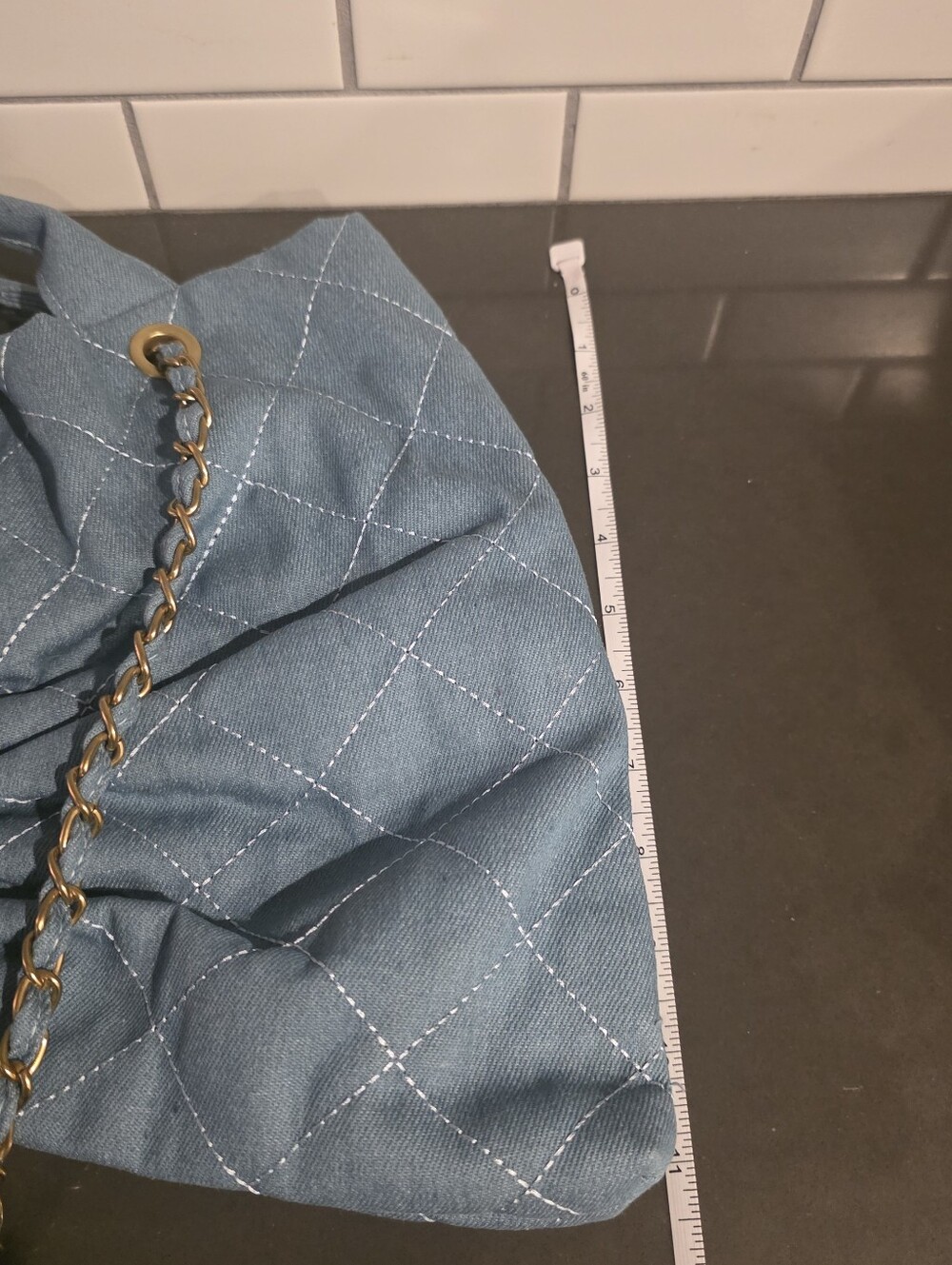 Light Blue Denim Quilted Shoulder Bag with Gold-Tone Chain - Picture 9 of 9